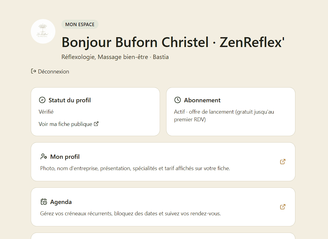 Espace praticien Sentieru avec profil, agenda et facturation